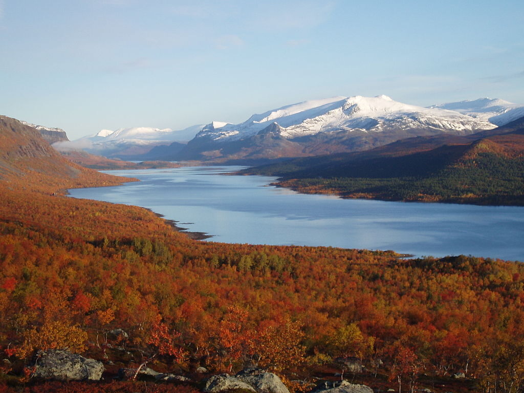 Stora Sjöfallet National Park orange leaf snow top fall river