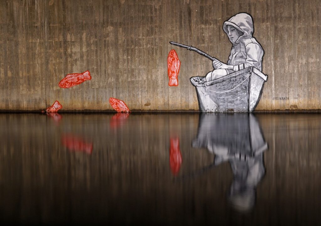 street art graffiti bridge boras boy fishing river borås
