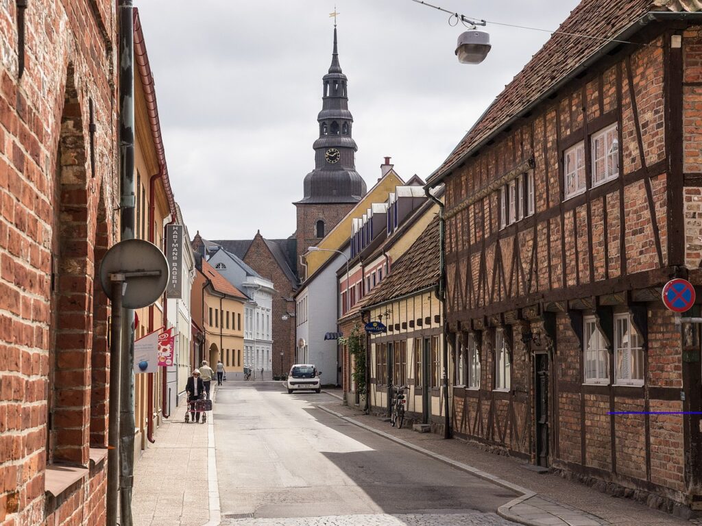 Ystad medieval old buildings church street town